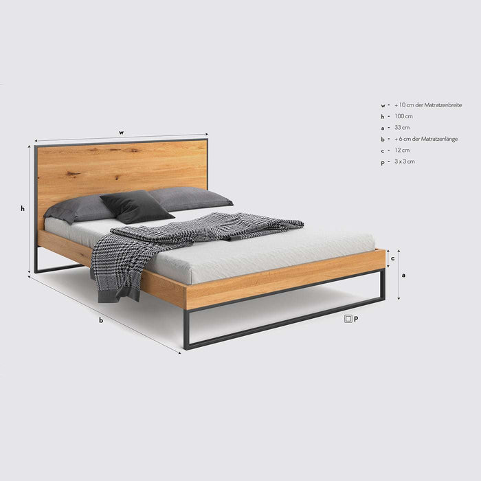 Schlafzimmer-Set | Industrial Bett aus massiver Eiche und Metall mit zwei Nachttischen | Frame und 2x Hover