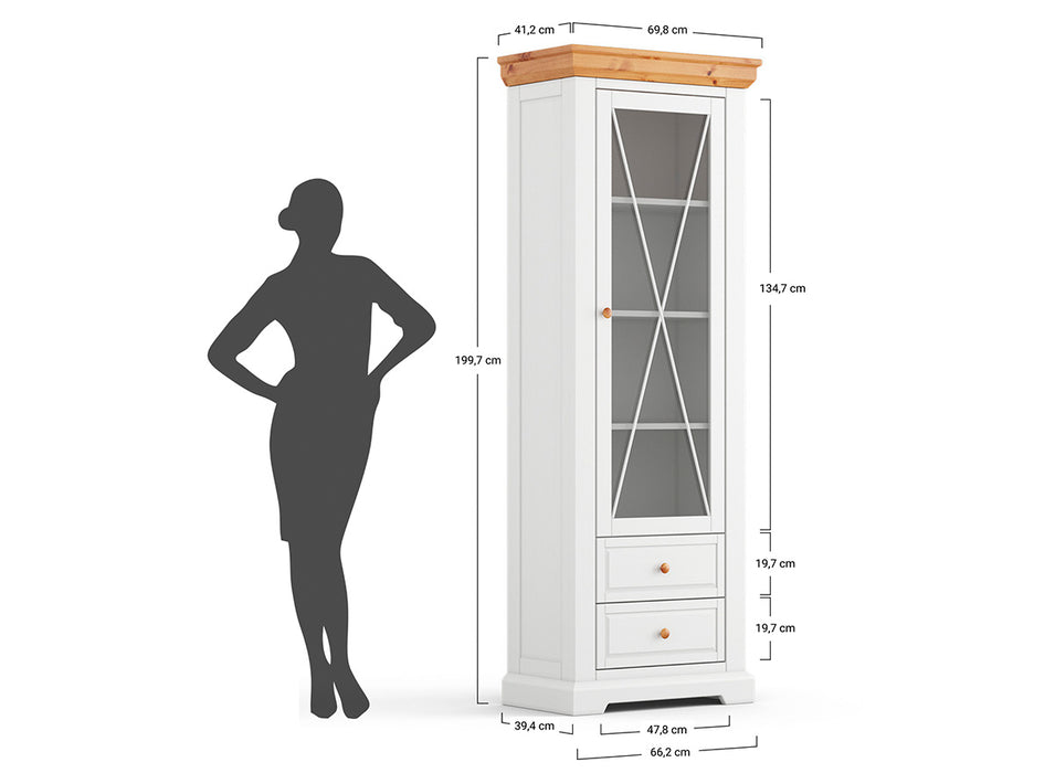 Schmale Vitrine aus Massivholz | Wohnzimmerschrank Marone Elite Tabacco mit zwei Schubladen