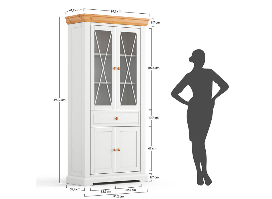 Große Vitrine aus Massivholz | Zweitüriger Wohnzimmerschrank Marone Elite mit Schublade