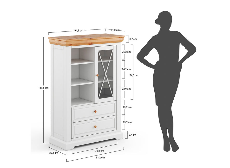 Kleine Vitrine aus Massivholz | Wohnzimmerschrank Marone Elite Tabacco mit zwei Schubladen