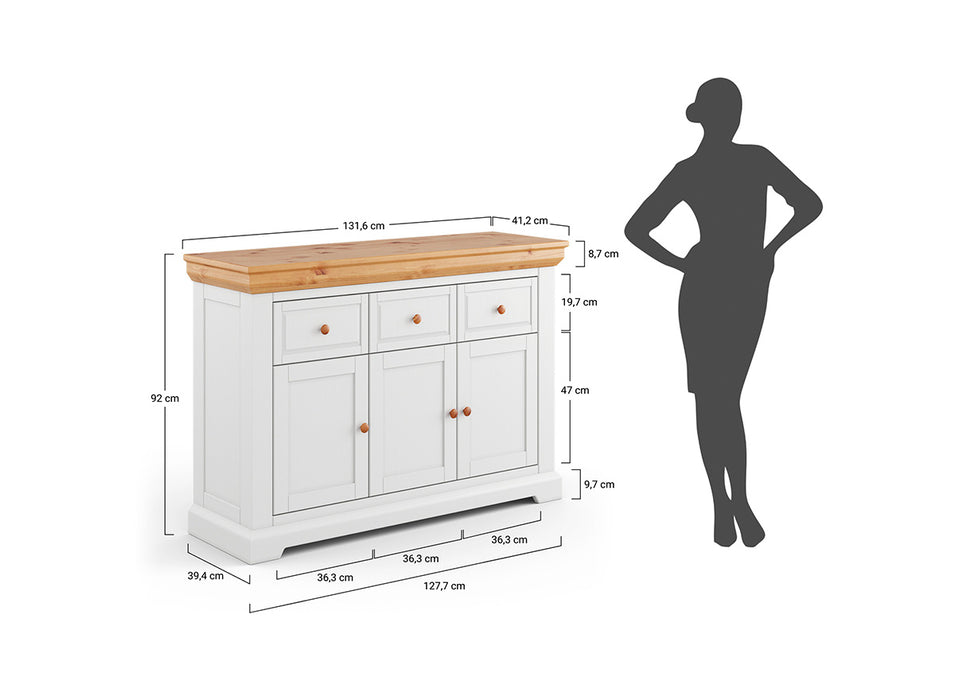Kleines Sideboard aus Massivholz | Dreitürige Wohnzimmerkommode Marone Elite Tabacco mit drei Schubladen