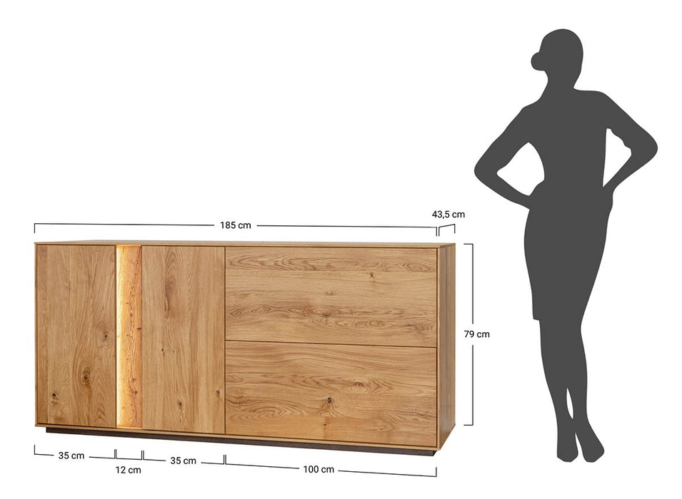 Beleuchtetes Sideboard Collodi aus massiver Eiche mit grober Holzstruktur