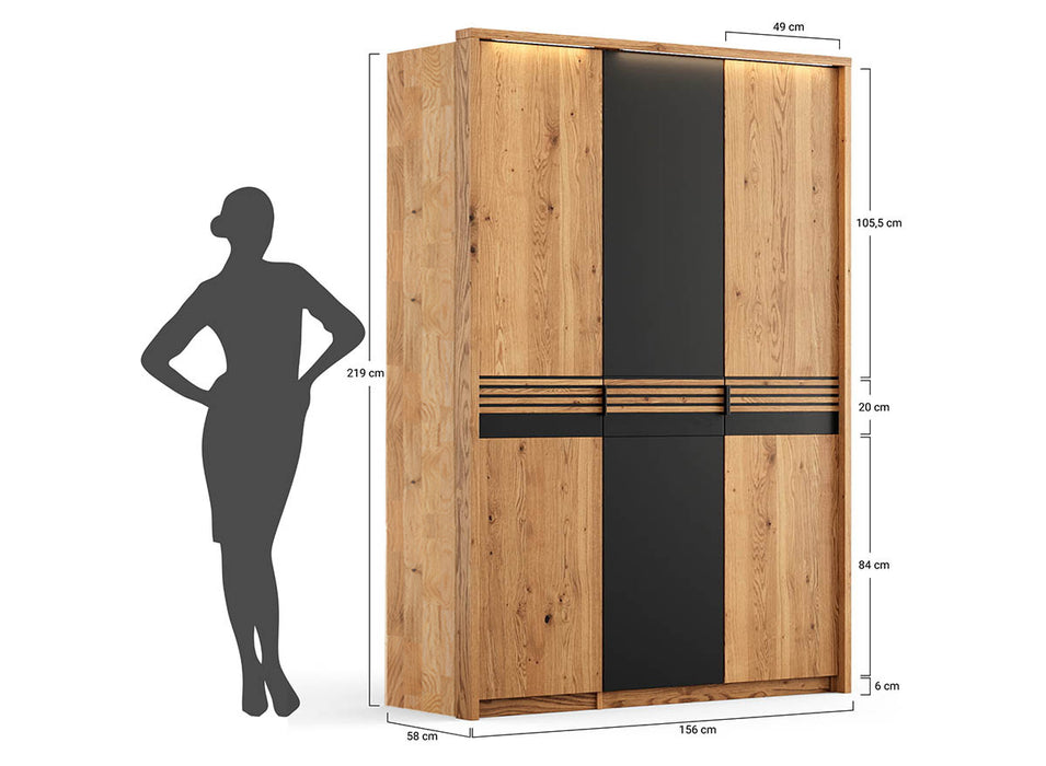 Moderner Kleiderschrank aus massiver Eiche | Beleuchteter Schrank Ravello 3 mit Glastür