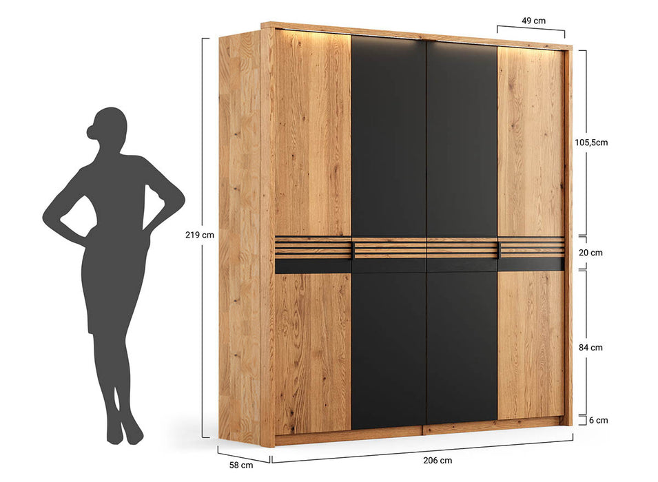 Moderner Kleiderschrank aus massiver Eiche | Beleuchteter Schrank Ravello 4 mit Glastür