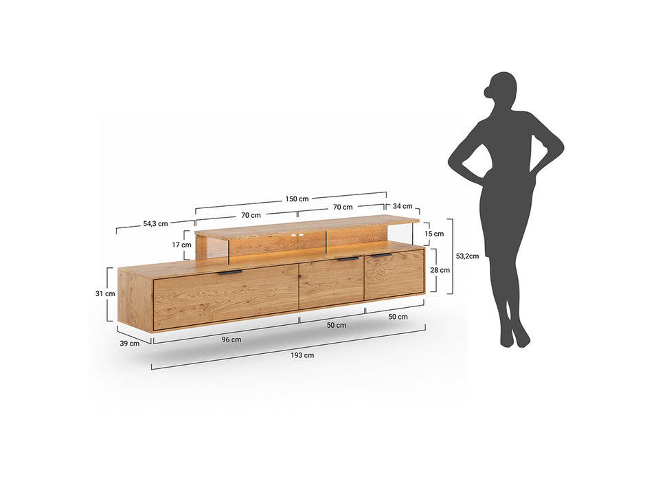 Beleuchtete Hängekommode aus massiver Eiche mit Hirnholz | TV-Board Tirano III mit Schaukasten und grober Holzstruktur