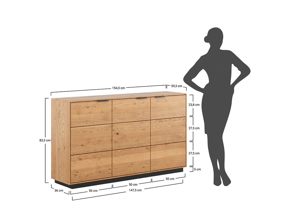 Beleuchtetes Sideboard aus massiver Eiche mit Lamellen | Kommode Tirano II mit Rückwand in grober Holzstruktur