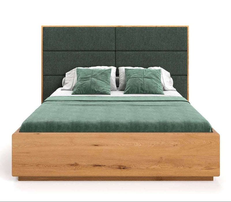 Hohes Bett mit Bettkasten aus massiver Eiche | DOME Z Bett mit Kopfteil Textil in verschiedenen Farben - Grün / 140 x 200