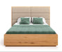 Hohes Bett mit Bettkasten aus massiver Eiche | DOME Z Bett mit Kopfteil Textil in verschiedenen Farben - Beige / 140 x 200