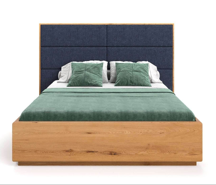 Hohes Bett mit Bettkasten aus massiver Eiche | DOME Z Bett mit Kopfteil Textil in verschiedenen Farben - Blau / 140 x 200