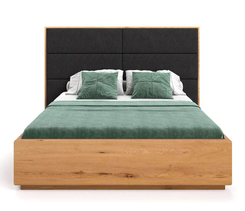 Hohes Bett mit Bettkasten aus massiver Eiche | DOME Z Bett mit Kopfteil Textil in verschiedenen Farben - Anthrazit / 140 x 200