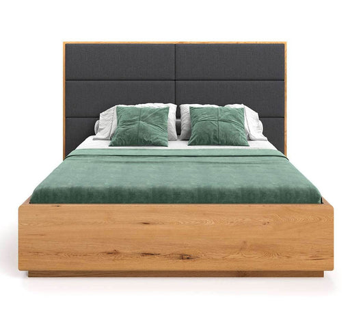 Hohes Bett mit Bettkasten aus massiver Eiche | DOME Z Bett mit Kopfteil Textil in verschiedenen Farben - Grau / 140 x 200