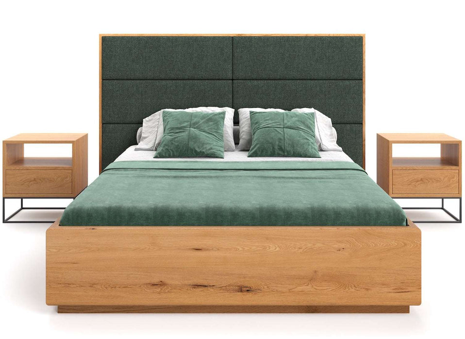 Schlafzimmer-Set | Bett mit Bettkasten aus massiver Eiche mit Textil Kopfteil in verschiedenen Farben | DOME Z Bett mit Kopfteil Textil und 2 x Moon