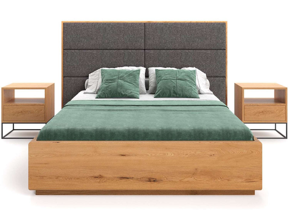 Schlafzimmer-Set | Bett mit Bettkasten aus massiver Eiche mit Textil Kopfteil in verschiedenen Farben | DOME Z Bett mit Kopfteil Textil und 2 x Moon