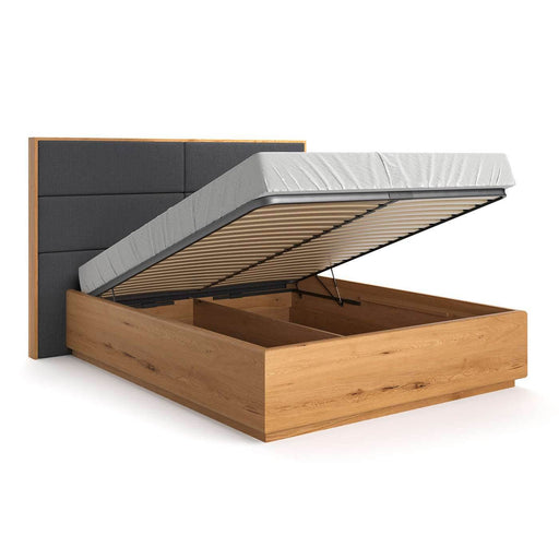 Hohes Bett mit Bettkasten aus massiver Eiche | DOME Z Bett mit Kopfteil Textil in verschiedenen Farben - Grau / 140 x 200