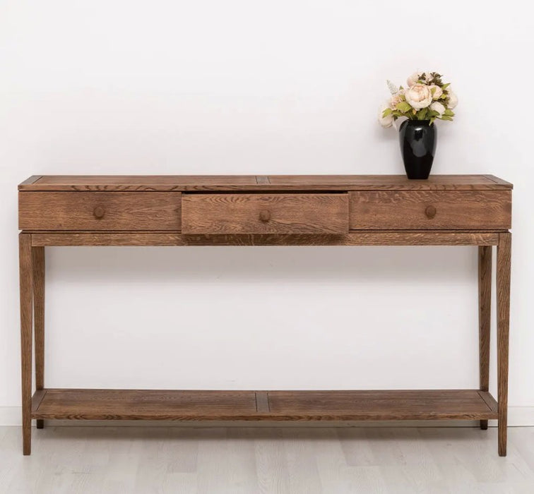 Filigraner Konsolentisch aus massiver Eiche mit drei Schubladen