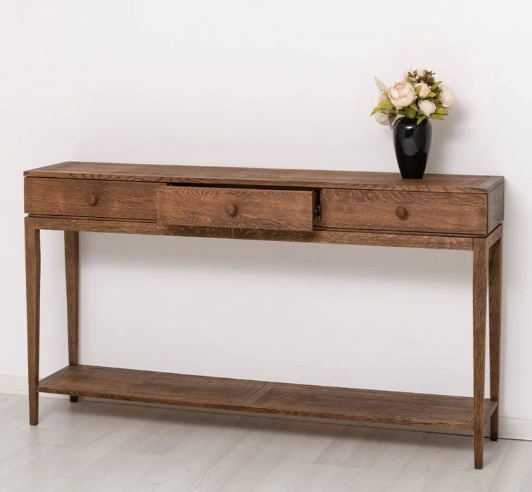 Filigraner Konsolentisch aus massiver Eiche mit drei Schubladen