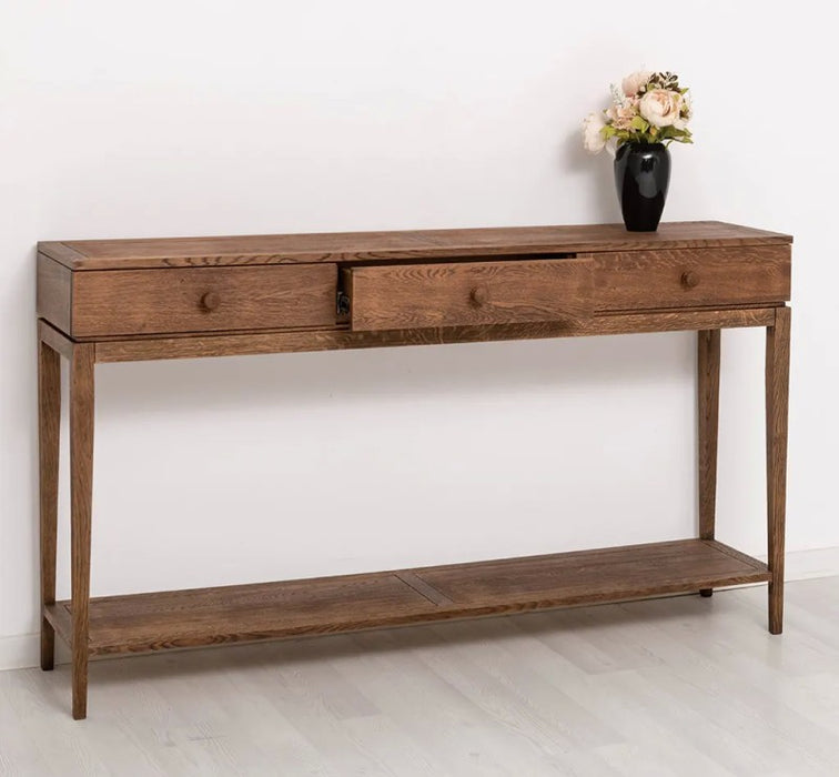 Filigraner Konsolentisch aus massiver Eiche mit drei Schubladen