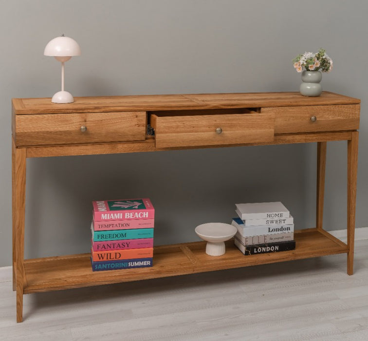 Filigraner Konsolentisch aus massiver Eiche mit drei Schubladen