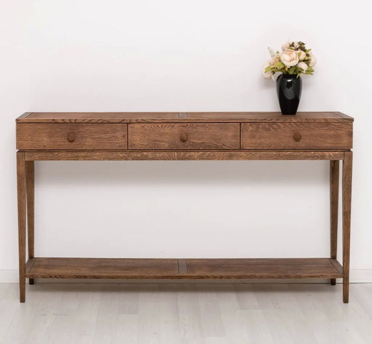 Filigraner Konsolentisch aus massiver Eiche mit drei Schubladen