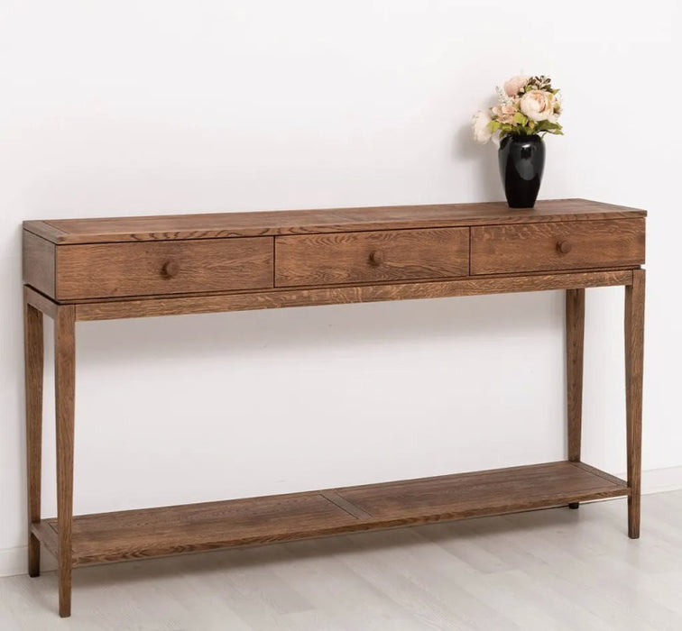 Filigraner Konsolentisch aus massiver Eiche mit drei Schubladen