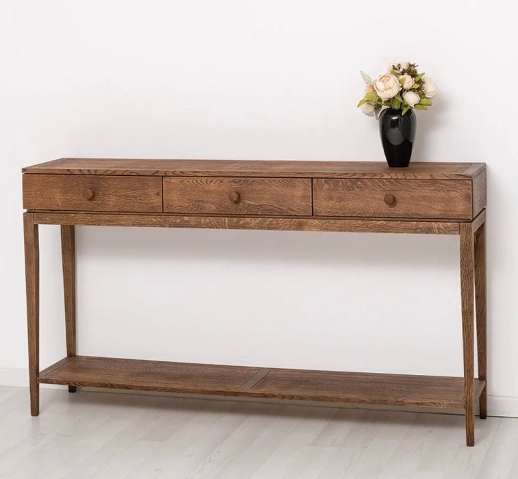 Filigraner Konsolentisch aus massiver Eiche mit drei Schubladen