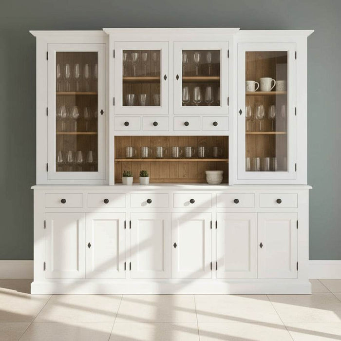 Großer_Geschirrschrank_aus_Massivholz_Vitrine_2-teilig_9_T_ren_6_Schubladen_-_Blau_-_Natur-frontal_1