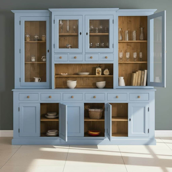 Großer Geschirrschrank aus Massivholz | Vitrine | 2-teilig | 9 Türen | 6 Schubladen -