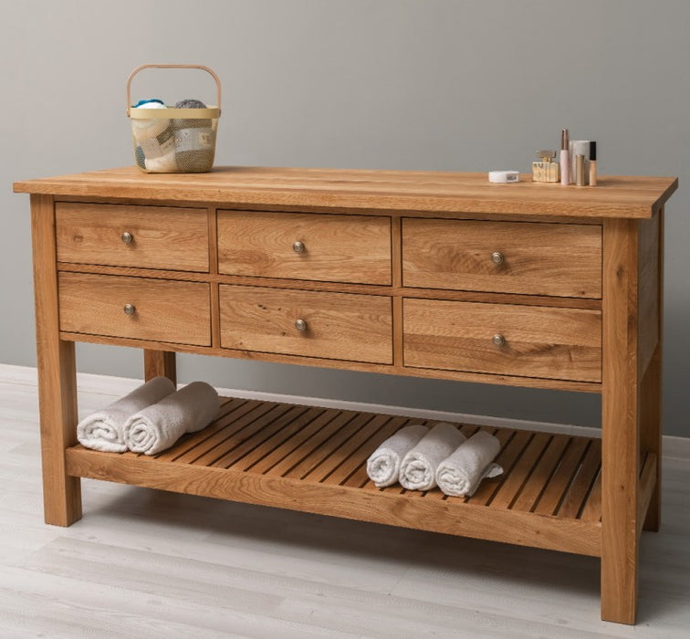 Großer Konsolentisch aus massiver Eiche mit 6 Schubladen und Regalboden