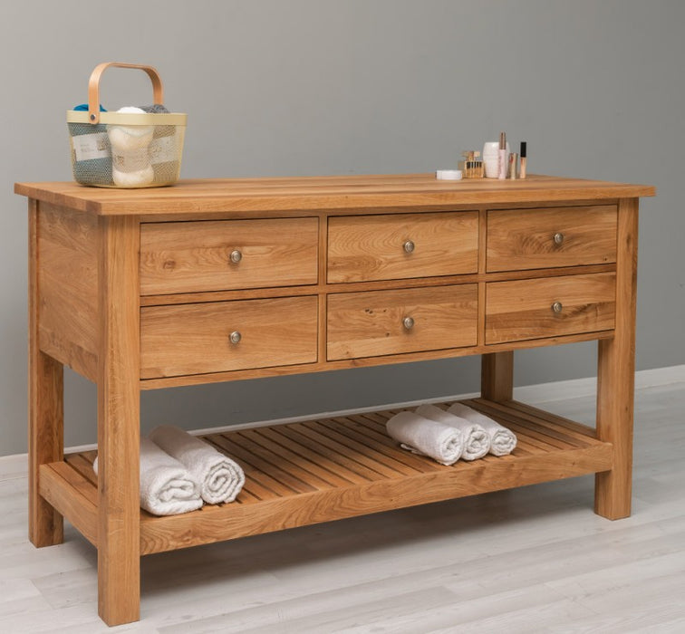 Großer Konsolentisch aus massiver Eiche mit 6 Schubladen und Regalboden