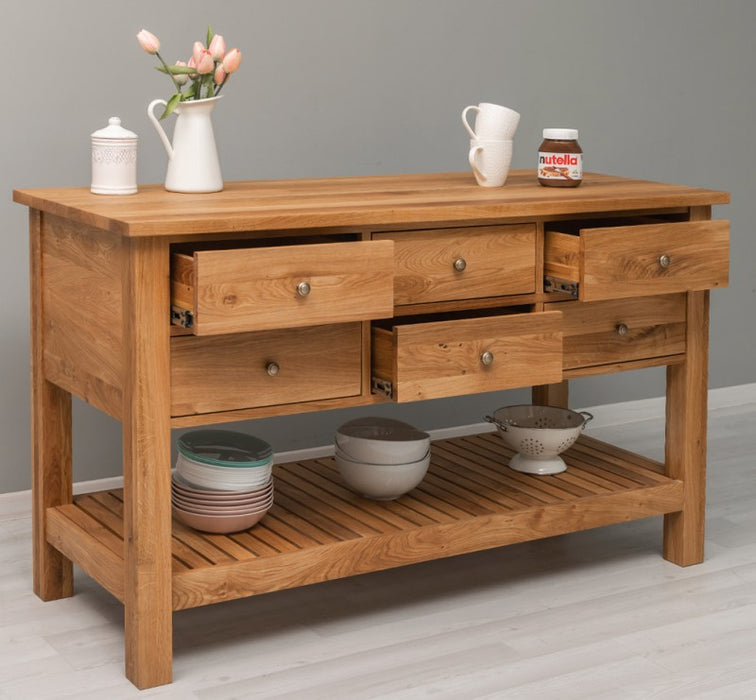 Großer Konsolentisch aus massiver Eiche mit 6 Schubladen und Regalboden