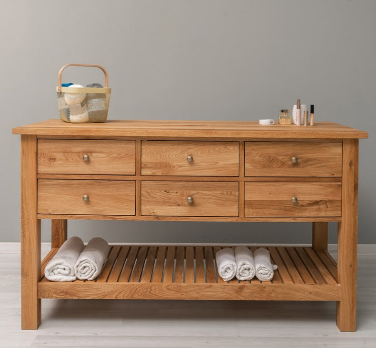 Großer Konsolentisch aus massiver Eiche mit 6 Schubladen und Regalboden