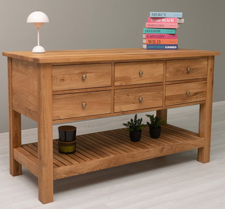 Großer Konsolentisch aus massiver Eiche mit 6 Schubladen und Regalboden