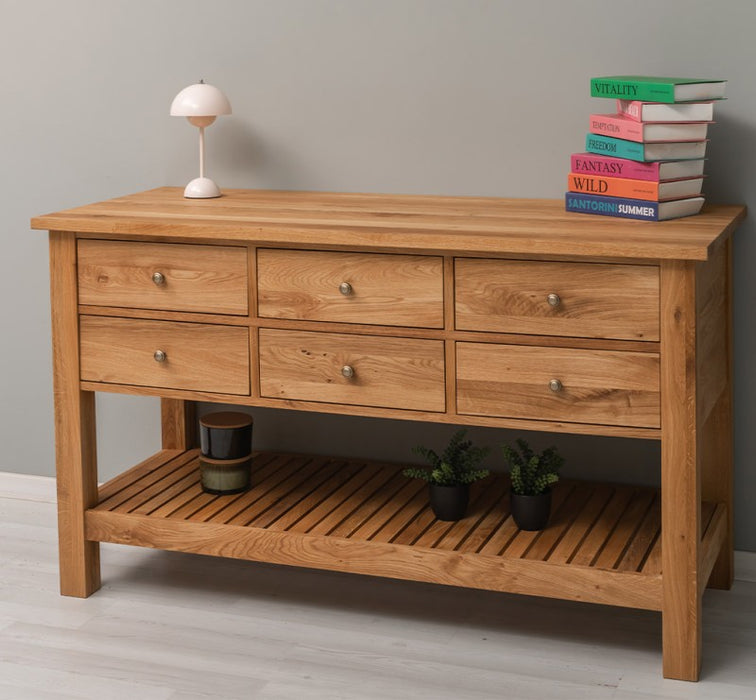 Großer Konsolentisch aus massiver Eiche mit 6 Schubladen und Regalboden