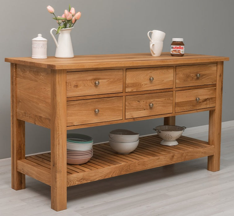 Großer Konsolentisch aus massiver Eiche mit 6 Schubladen und Regalboden
