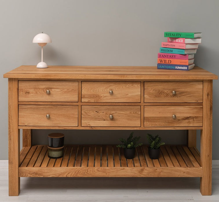 Großer Konsolentisch aus massiver Eiche mit 6 Schubladen und Regalboden