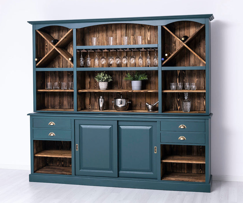 Großer Buffetschrank aus Massivholz | Wohnzimmerschrank mit Glashaltern und Weinfächern