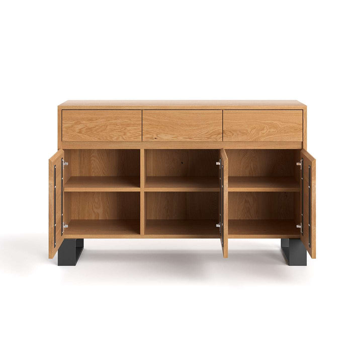 Industrial Sideboard aus massiver Eiche | Dreitürige Kommode Horizon mit drei Schubladen