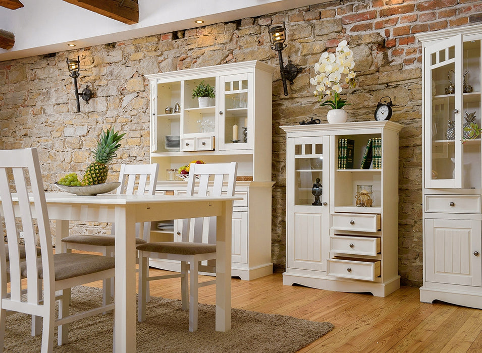 Kleine Vitrinenkommode Belluno Elegante in Weiß | Sideboard mit Schubladen und Tür