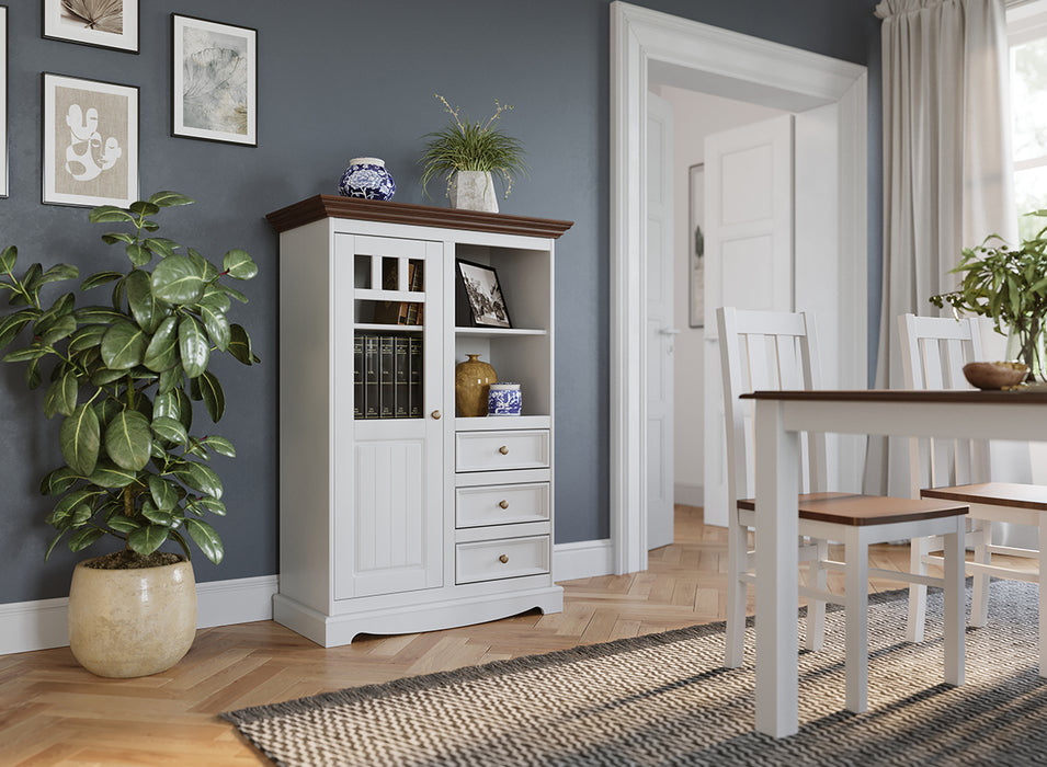 Kleine Vitrinenkommode Belluno Elegante in Weiß | Sideboard mit Schubladen und Tür