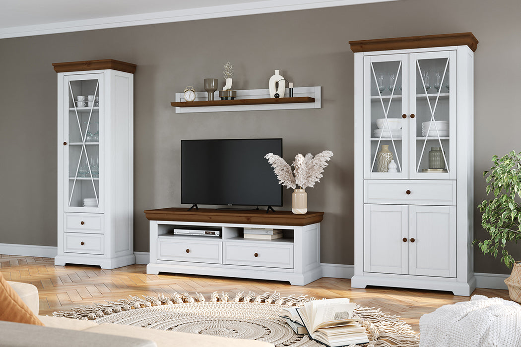 Schmale Vitrine aus Massivholz | Wohnzimmerschrank Marone Elite Tabacco mit zwei Schubladen