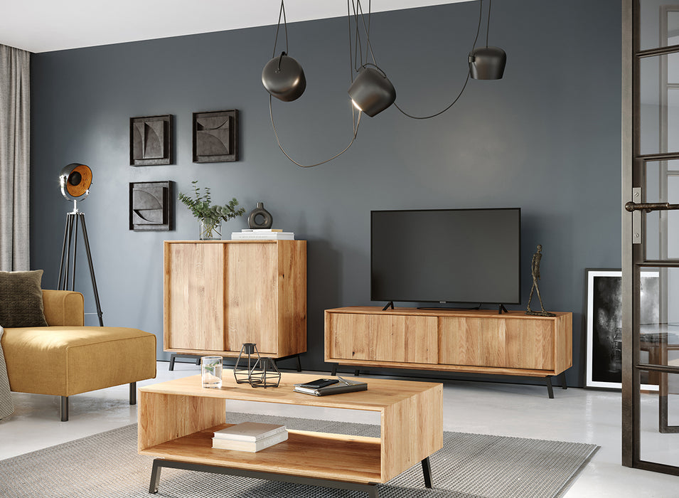 Großes Industrial TV-Board aus massiver Eiche | Fernsehtisch Modern Loft mit Schiebetüren