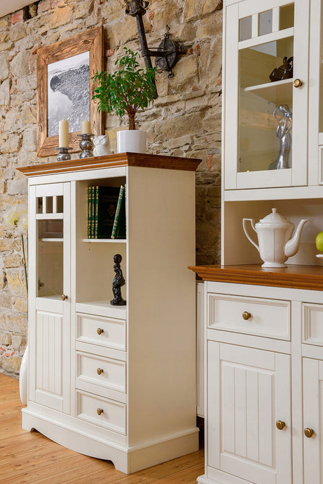 Kleine Vitrinenkommode Belluno Elegante in Weiß | Sideboard mit Schubladen und Tür
