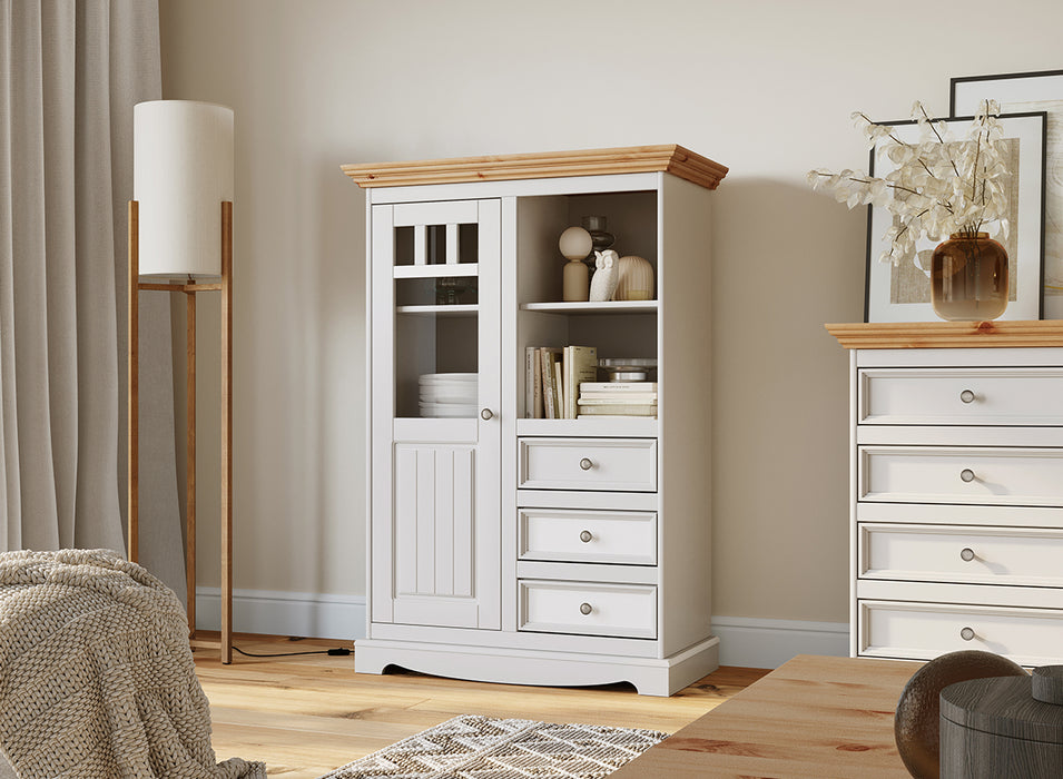 Kleine Vitrinenkommode Belluno Elegante in Weiß | Sideboard mit Schubladen und Tür