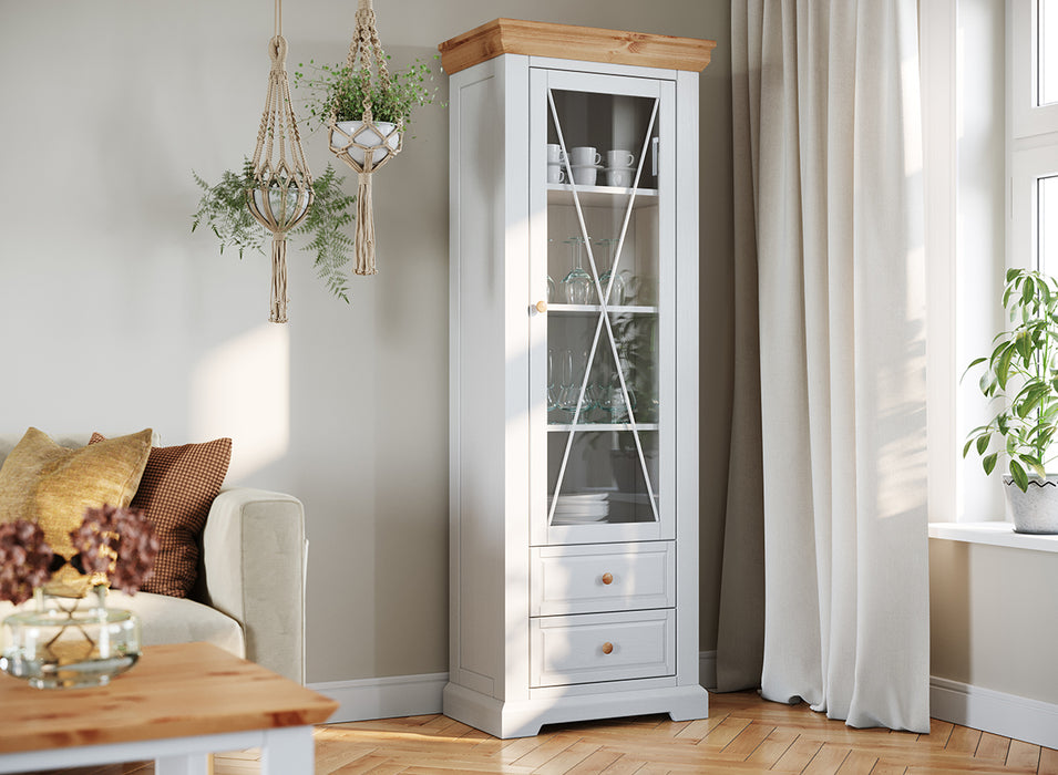 Schmale Vitrine aus Massivholz | Wohnzimmerschrank Marone Elite mit zwei Schubladen