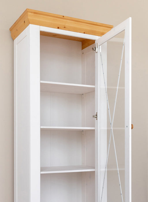 Schmale Vitrine aus Massivholz | Wohnzimmerschrank Marone Elite mit zwei Schubladen