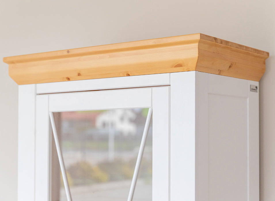 Schmale Vitrine aus Massivholz | Wohnzimmerschrank Marone Elite mit zwei Schubladen