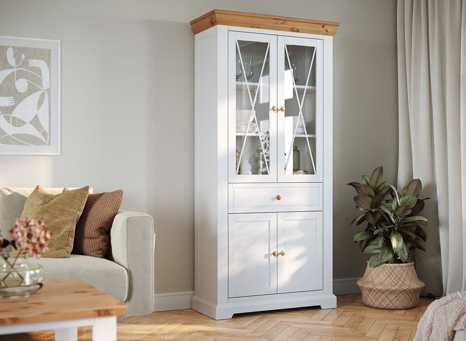 Große Vitrine aus Massivholz | Zweitüriger Wohnzimmerschrank Marone Elite mit Schublade
