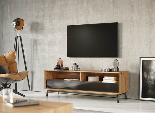 Industrial TV-Board aus massiver Eiche | Fernsehtisch Modern Loft mit Glastür - 