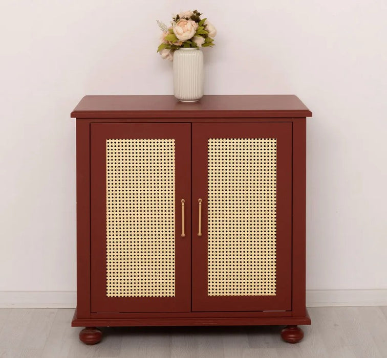 Kleine Kommode aus Massivholz | Rattan Schrank mit zwei Türen