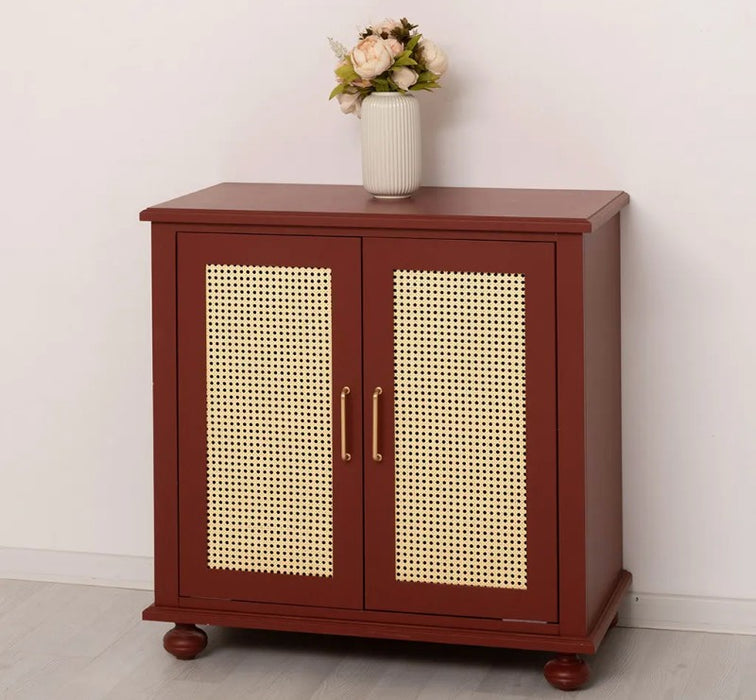 Kleine Kommode aus Massivholz | Rattan Schrank mit zwei Türen